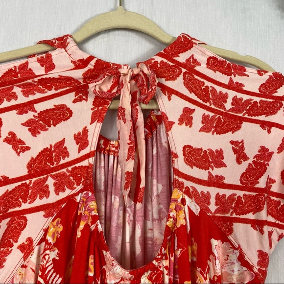 NWT Free People Baja Babe Red Floral Flowy Tie Open Back Blouse Gathered Top - Picture 6 of 16